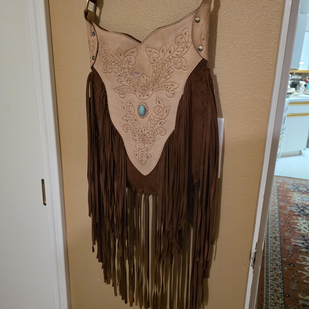 Fringed Western Leather Bag with Turquoise Accent